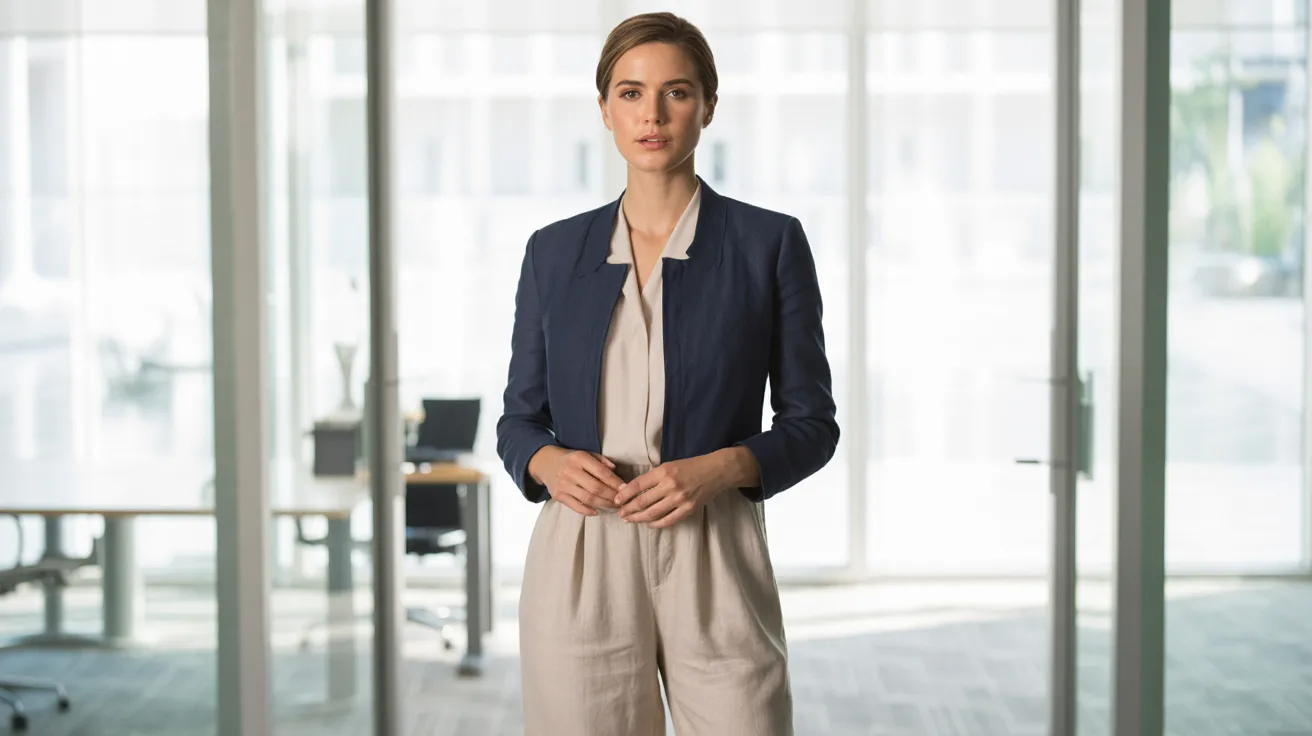 A woman dressed in a suit poses in an office, showcasing a professional and polished appearance.
