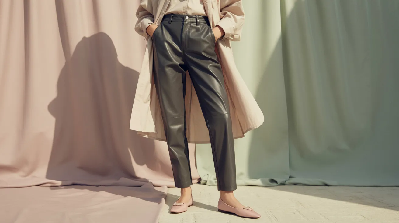A woman wearing a trench coat and leather pa