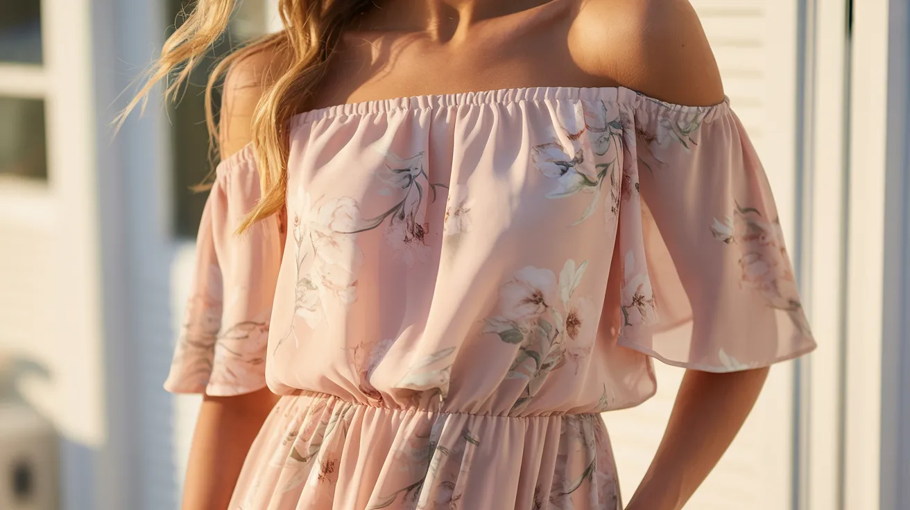 A woman wearing a pink floral off-the-shoulder dress stands gracefully, showcasing the vibrant print and elegant style.