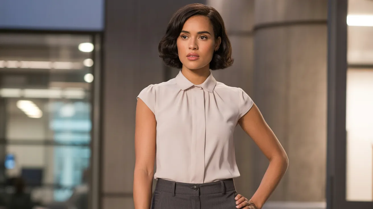 A woman wearing a grey shirt and skirt stands confidently, showcasing a professional appearance.