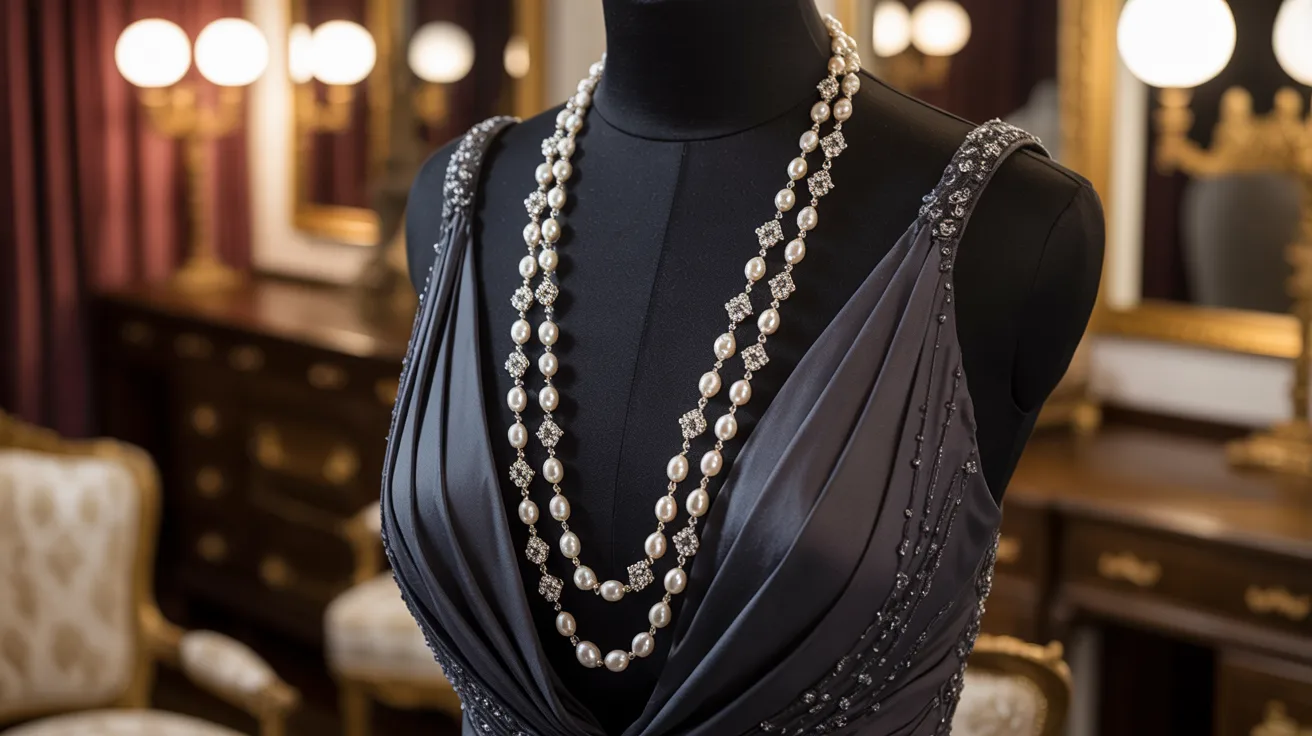 A mannequin displaying a necklace adorned with pearls, showcasing elegant jewelry design.