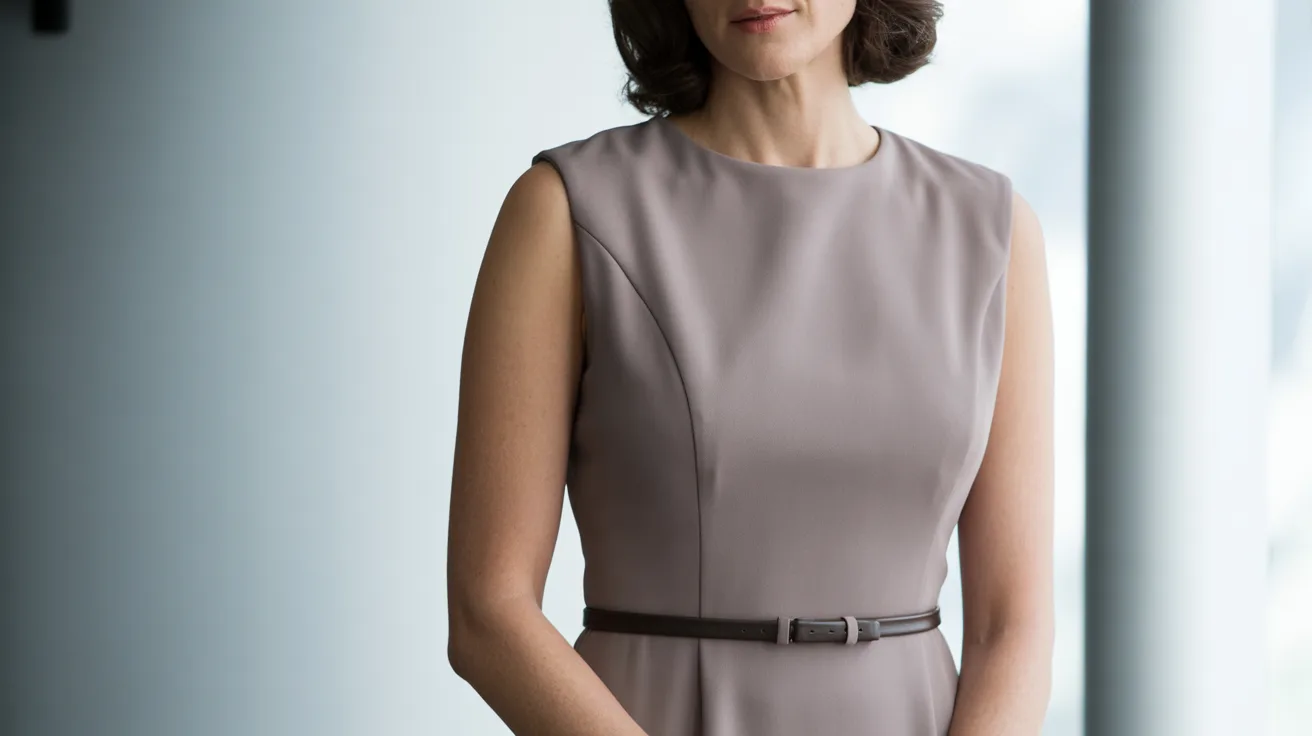 A woman in a dress stands by a window, gazing outside with a serene expression.
