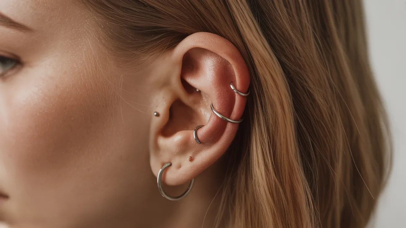 A woman with multiple ear piercings and a facial piercing, showcasing her unique style and personal expression.