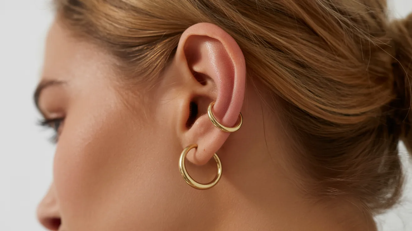 A woman adorned with a gold hoop earring, highlighting her fashion choice and personal style.