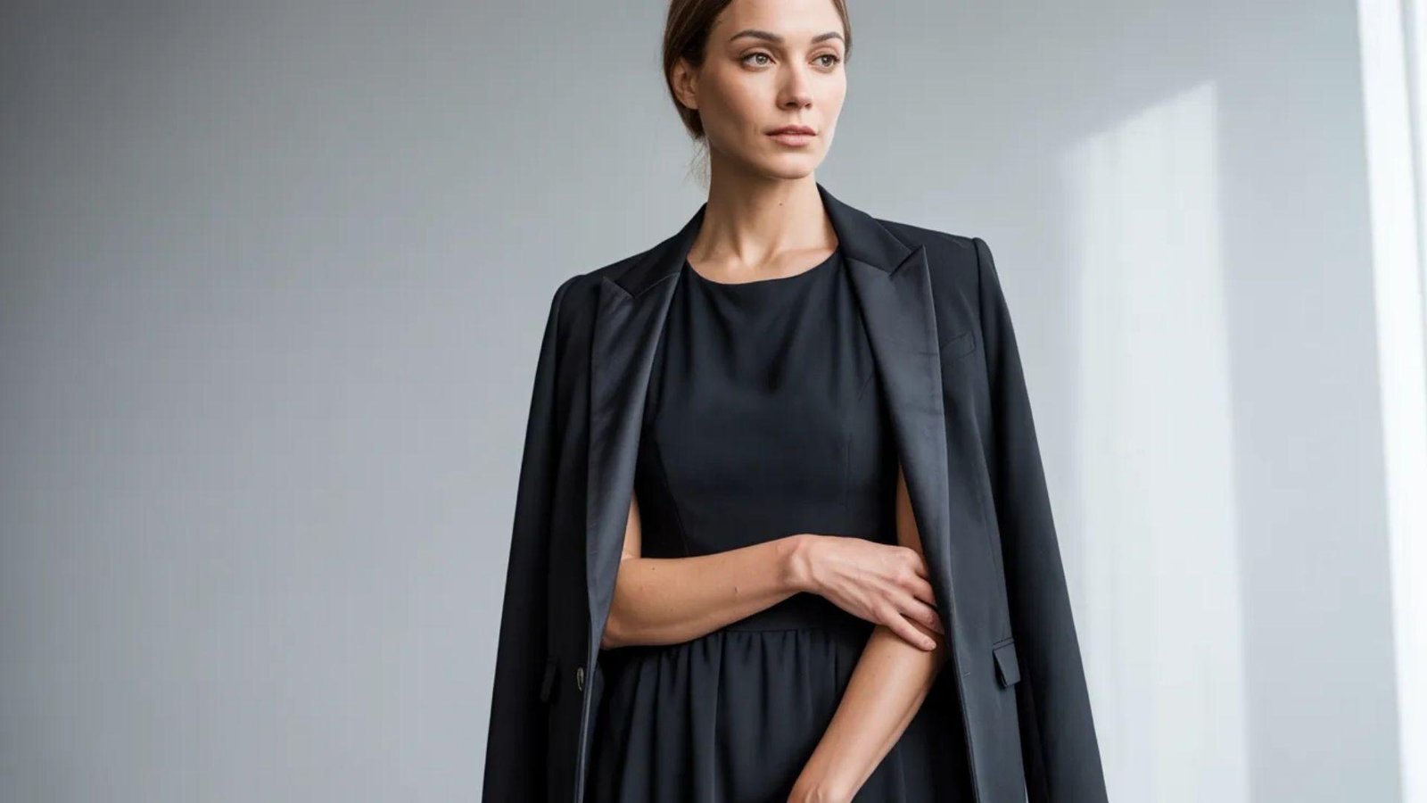A woman wearing a black dress and jacket stands confidently, showcasing a stylish and elegant outfit.