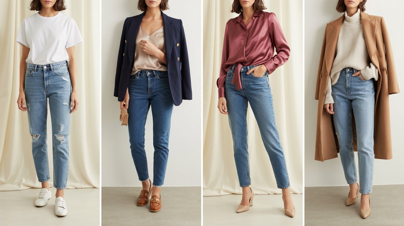 Four images of women showcasing various styles of jeans in different settings and poses.