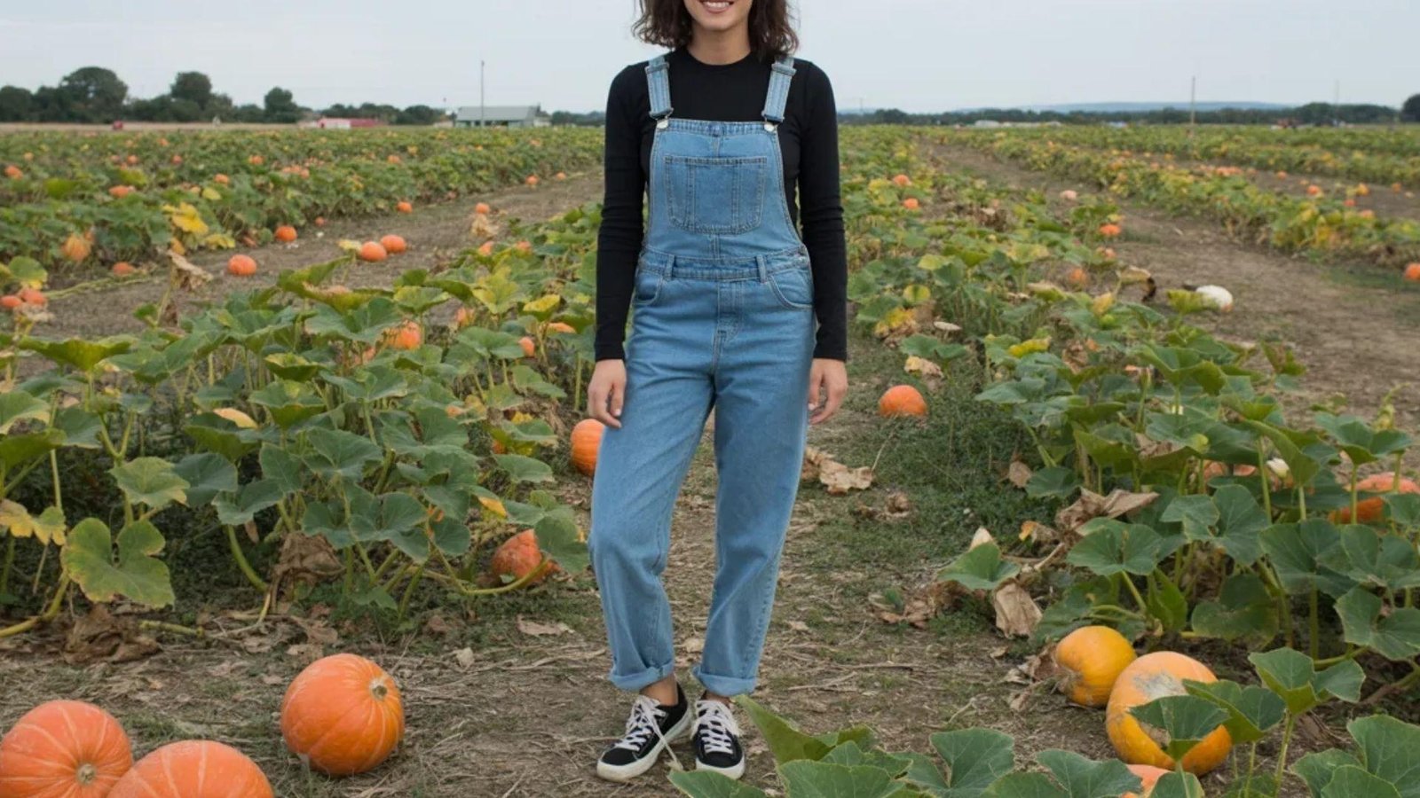 A woman in overalls stands among vibrant orange pumpkins in a sunny pumpkin patch, smiling at the camera.
