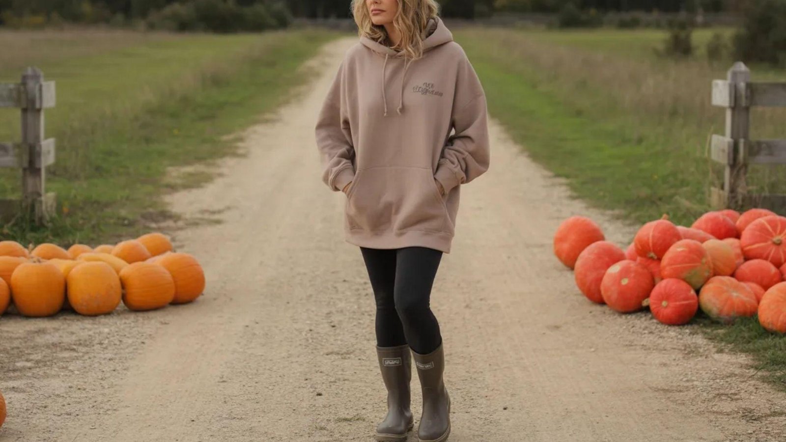 A woman in a brown hoodie and black boots stands among pumpkins, smiling at the camera in a fall-themed setting.