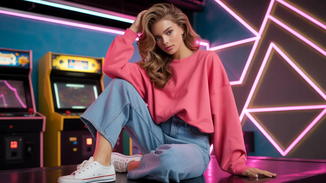  A woman wearing a pink sweatshirt and jeans sits casually on a table, smiling at the camera.
