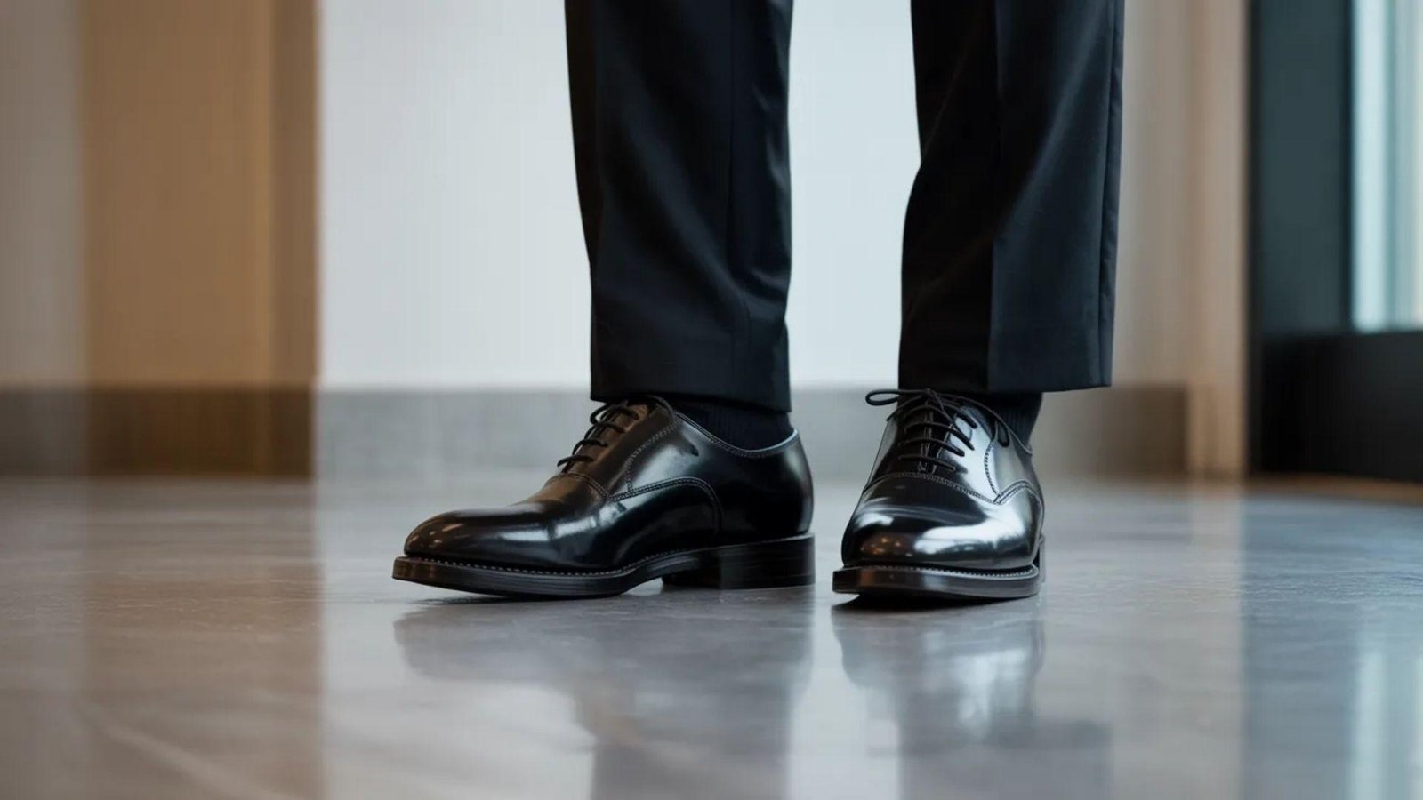A man dressed in a formal suit and black dress shoes stands confidently.