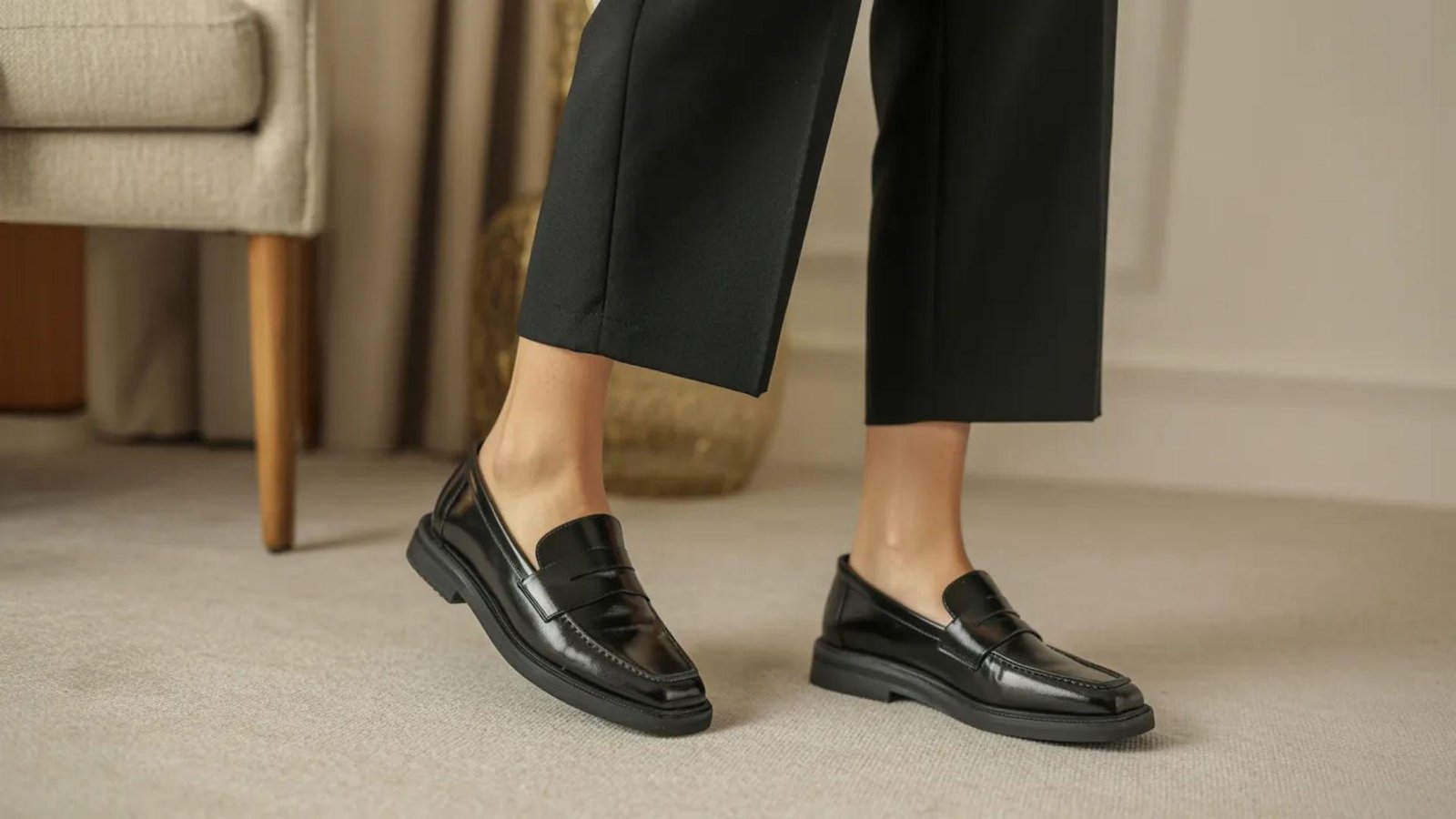 A woman is dressed in black loafers and tailored pants, presenting a fashionable and polished appearance.