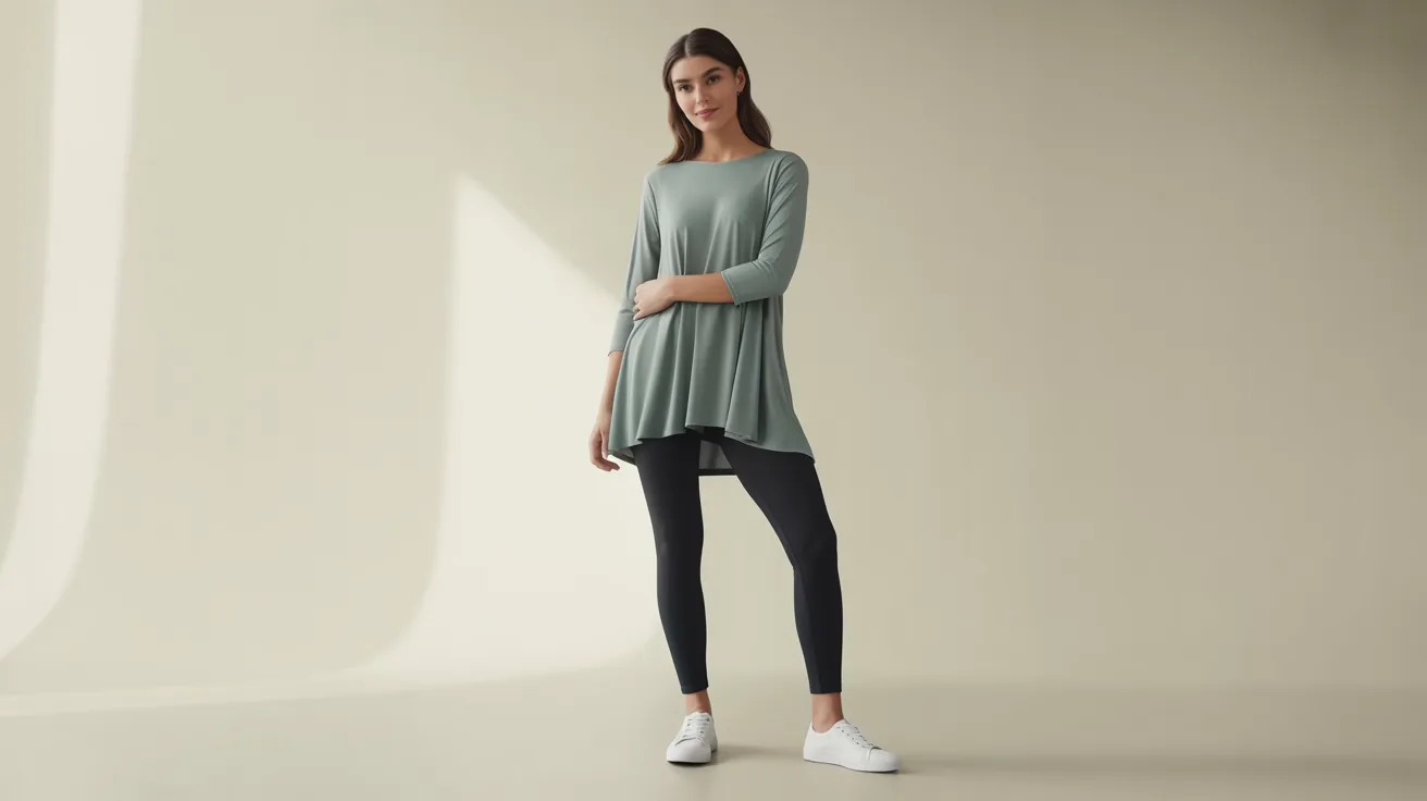 A model showcases a green tunic paired with black leggings, highlighting a stylish and casual outfit.