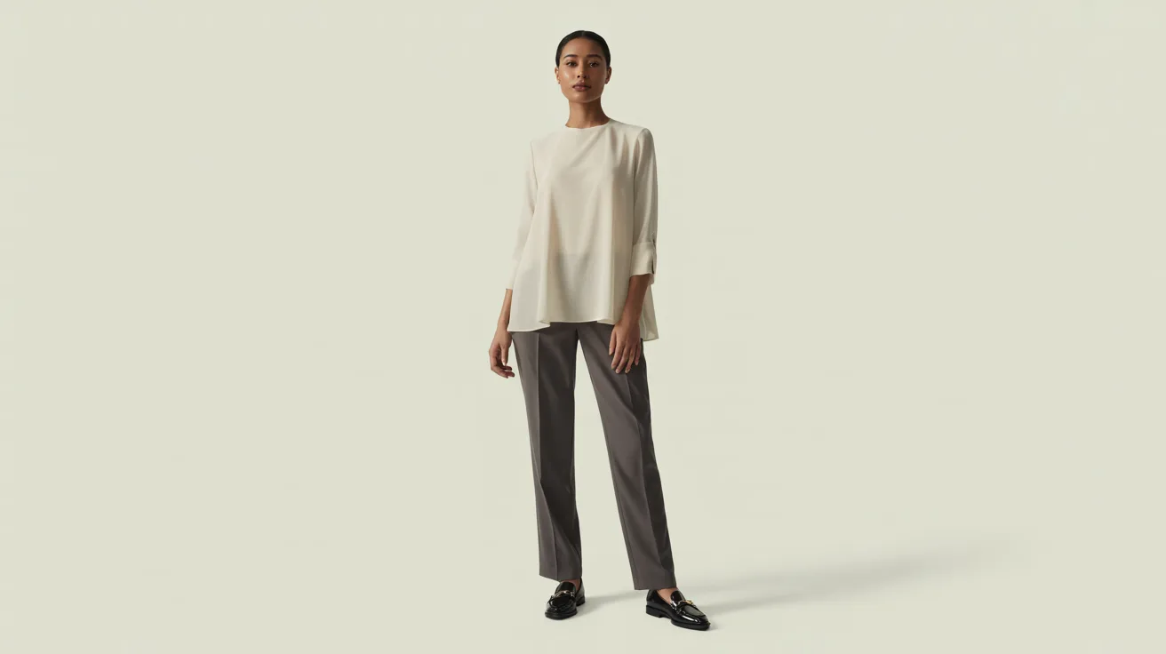 A woman wearing a white top and trousers stands confidently, showcasing a stylish and modern outfit.