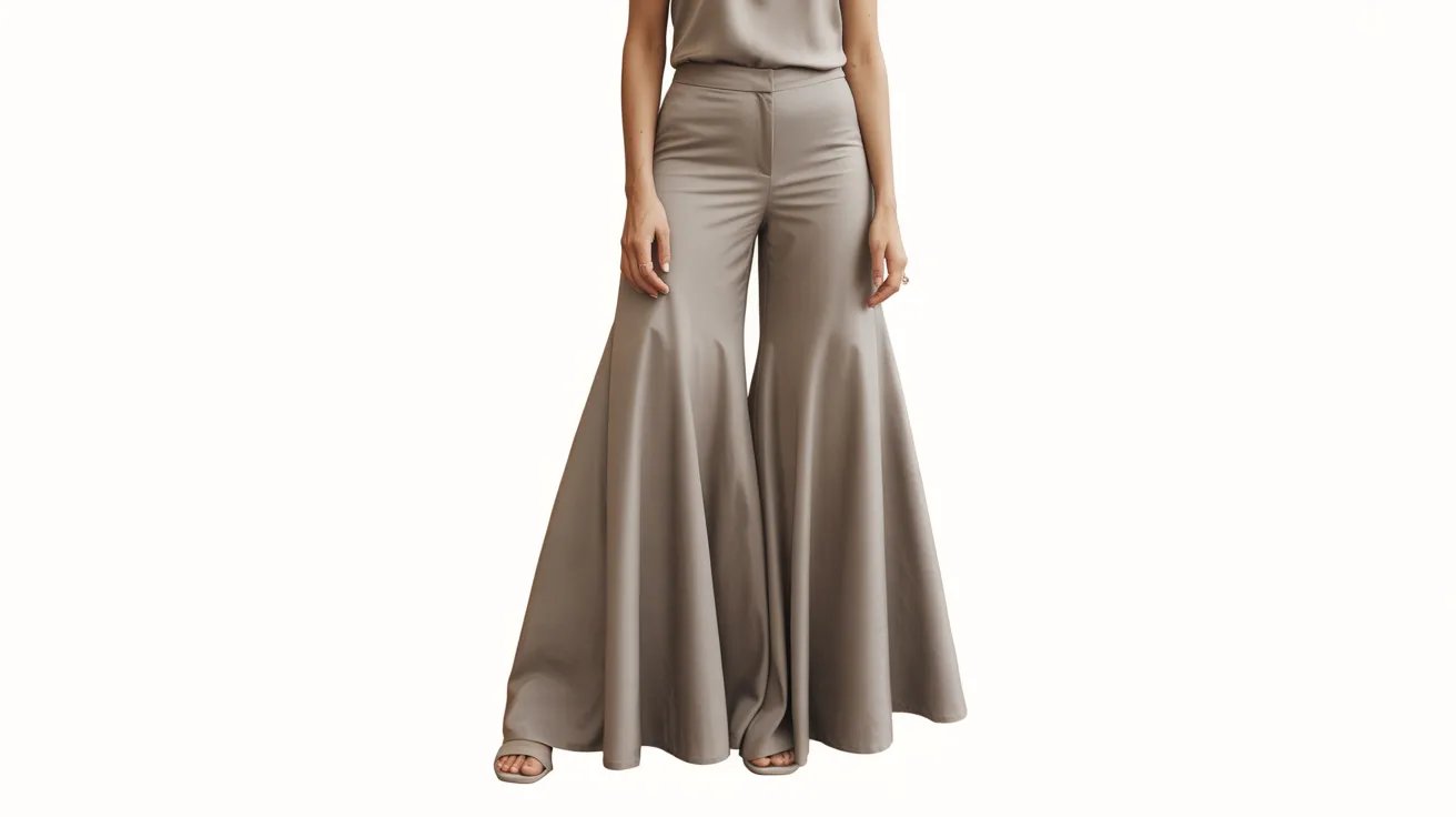 A woman wearing a grey top and wide pants stands confidently, showcasing a relaxed and stylish outfit.