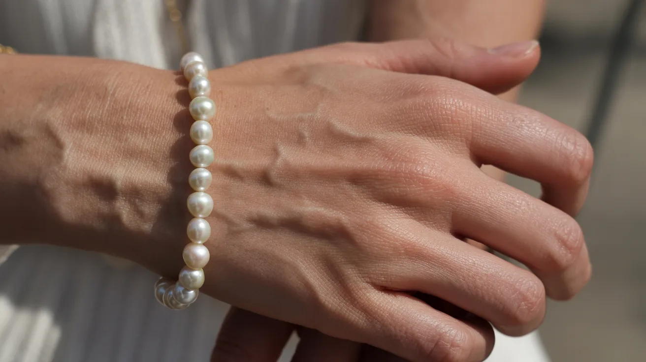 A woman in a white dress accessorized with a pearl bracelet, standing elegantly against a neutral background.