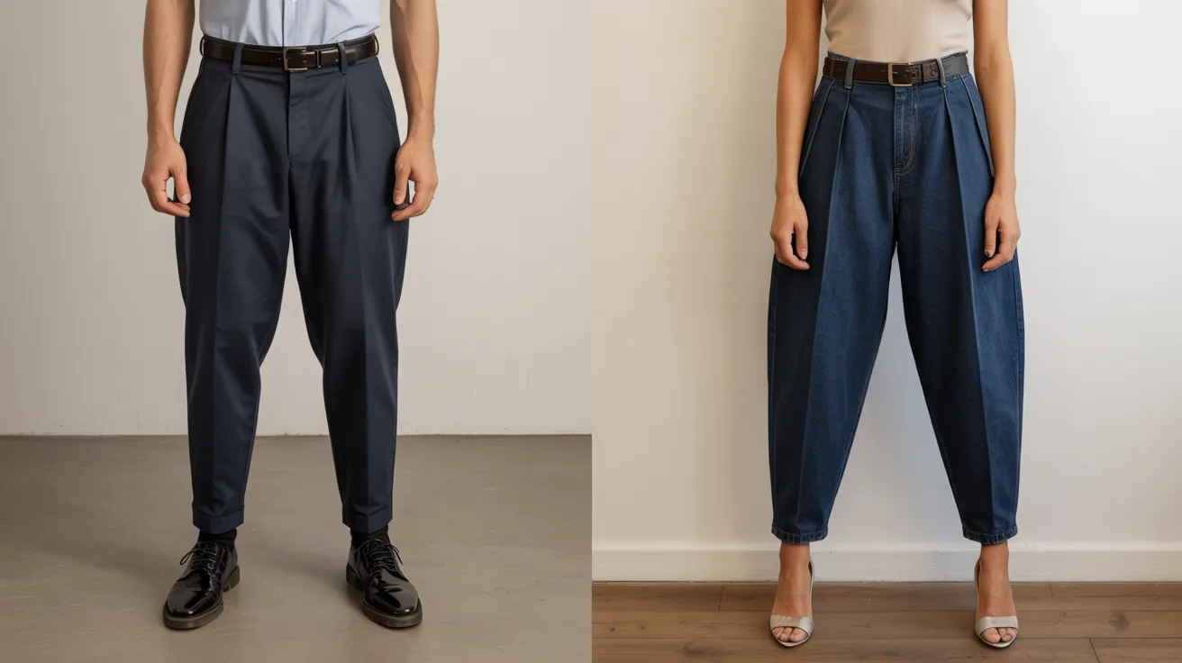 Two images of a man and woman both wearing blue pants, standing side by side in a casual setting.