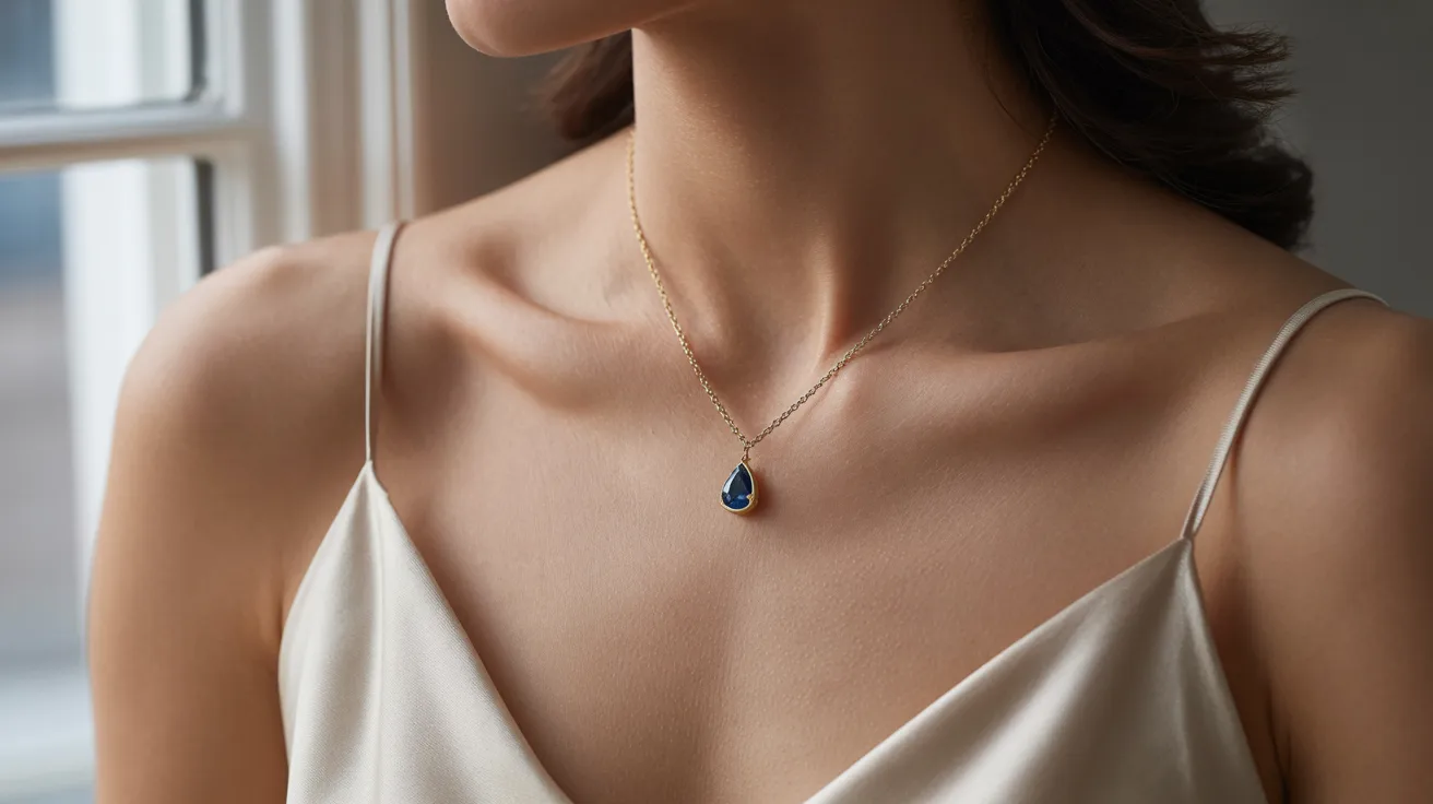 A woman in a white dress accessorized with a blue necklace, standing elegantly against a neutral background.