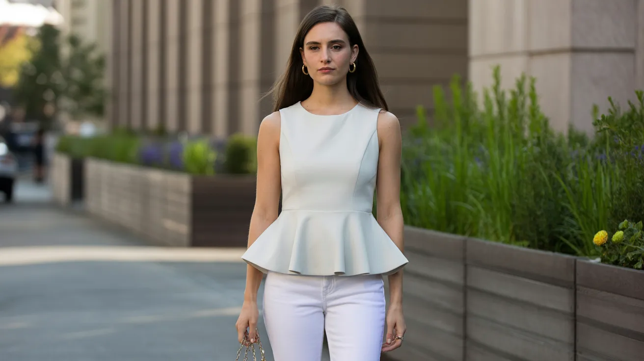 A woman wearing white pants and a white top stands confidently, showcasing a stylish and minimalist outfit.