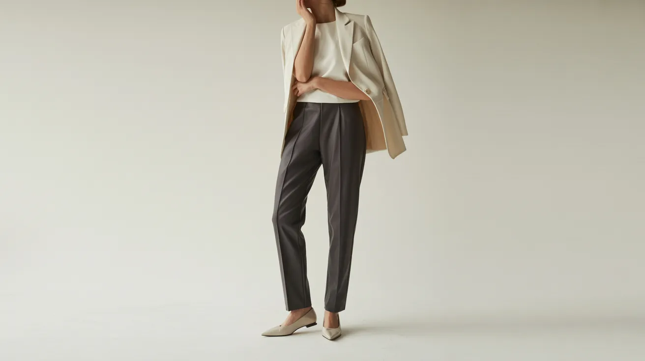 A woman wearing a white shirt and black pants stands confidently, showcasing a professional appearance.