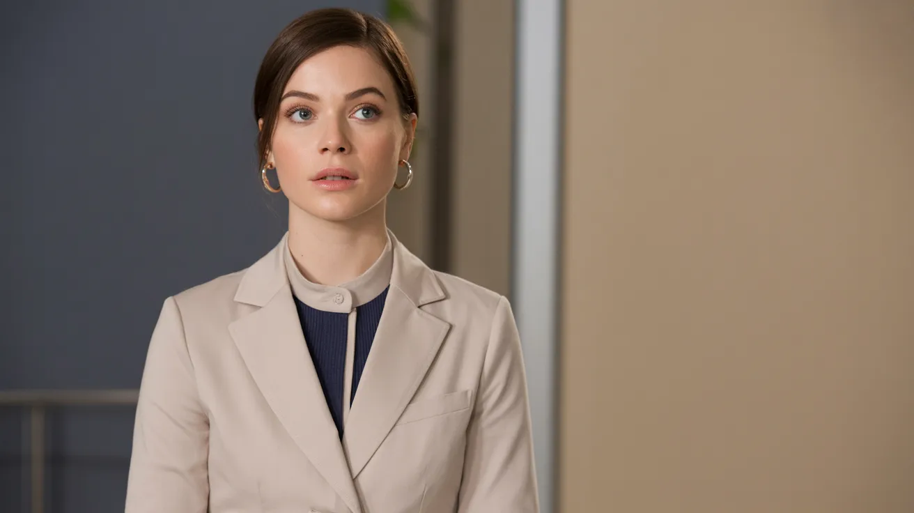 A woman in a suit and tie stands confidently in a modern office setting.