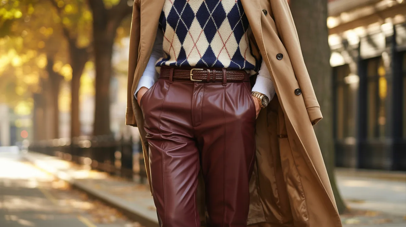 A man wearing a trench coat and leather pants stands confidently, showcasing a stylish and bold fashion choice.