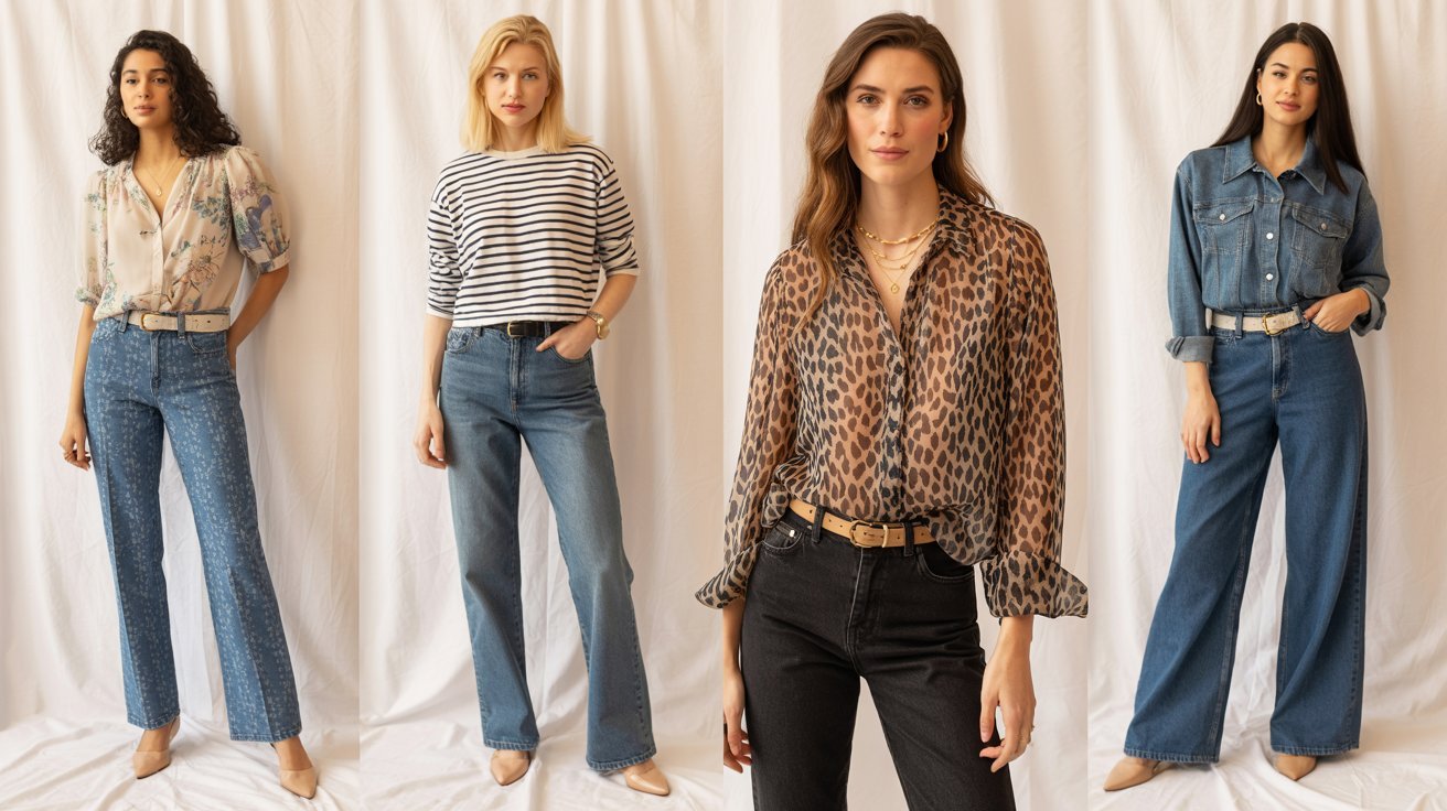 Four women in jeans and blouses stand together, smiling and posing for the camera in a casual setting.