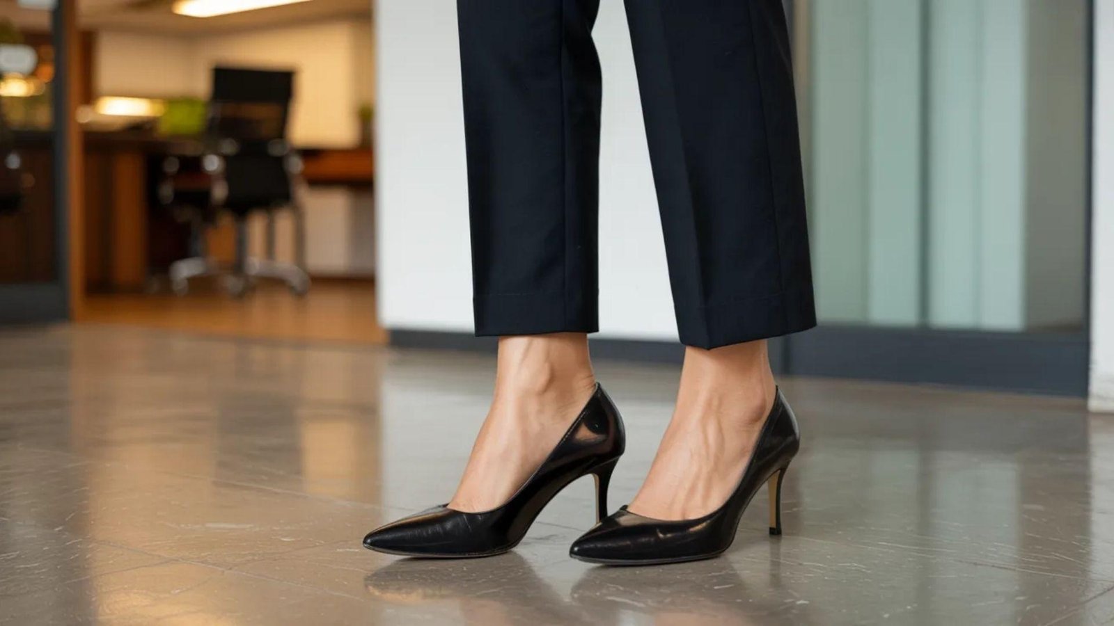 A woman in black pants and high heels stands confidently, showcasing a stylish and professional appearance.