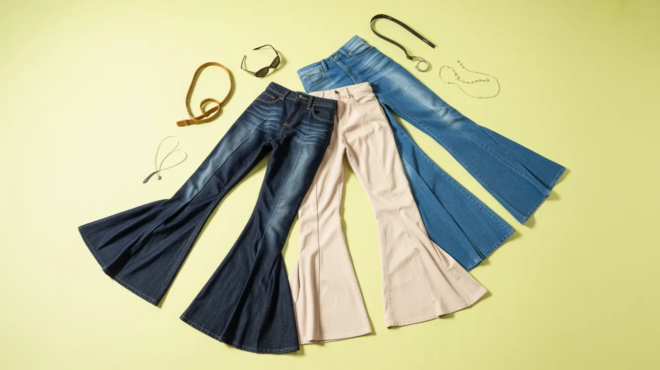 Three pairs of bell bottoms in blue, pink, and white displayed together on a neutral background.