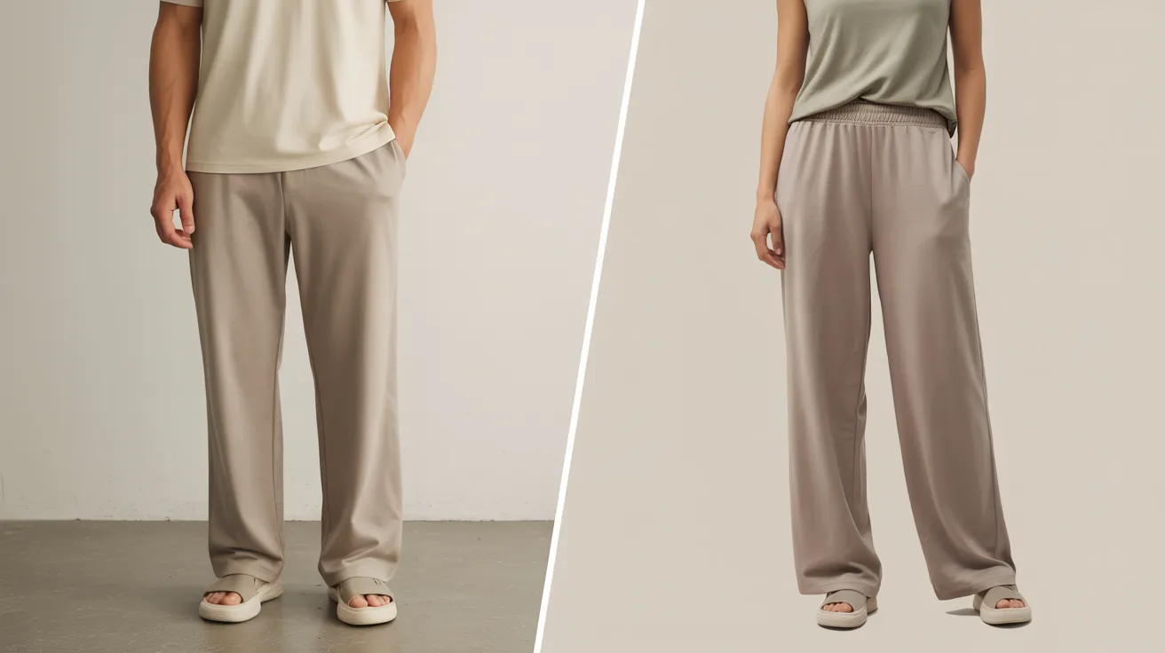 Two images of a man and woman standing side by side, both wearing stylish pants in a casual setting.