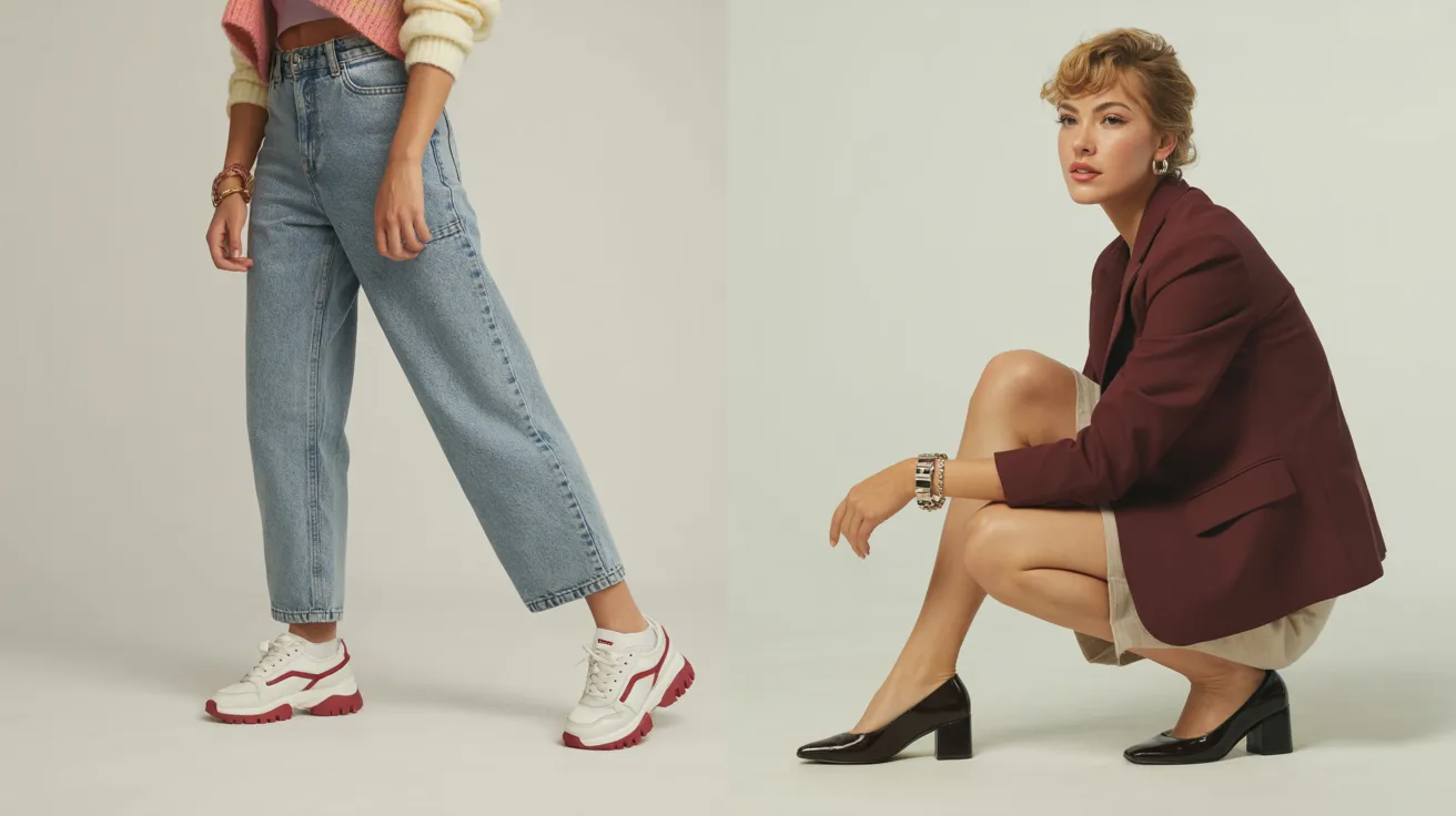 Two images of women wearing jeans and blazers, showcasing stylish and professional outfits.