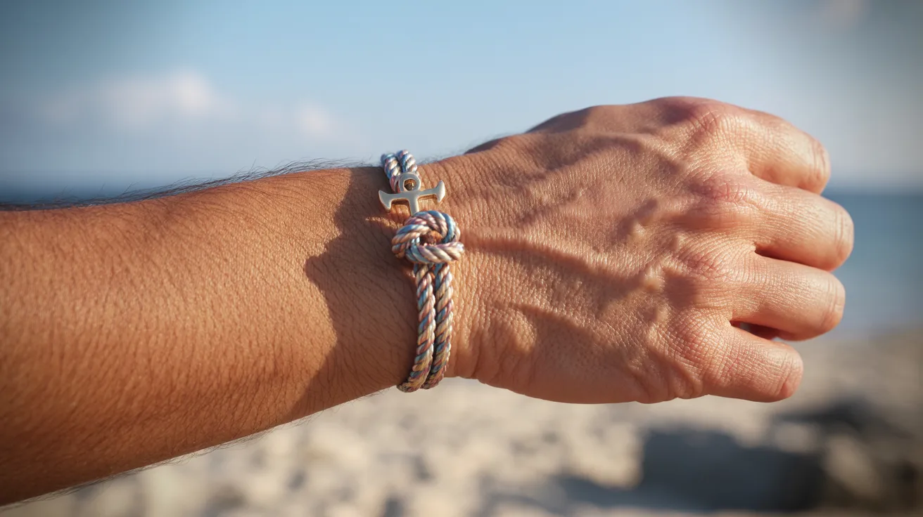 A man's hand holds a rope bracelet while standing on the beach, with sand and ocean waves in the background.