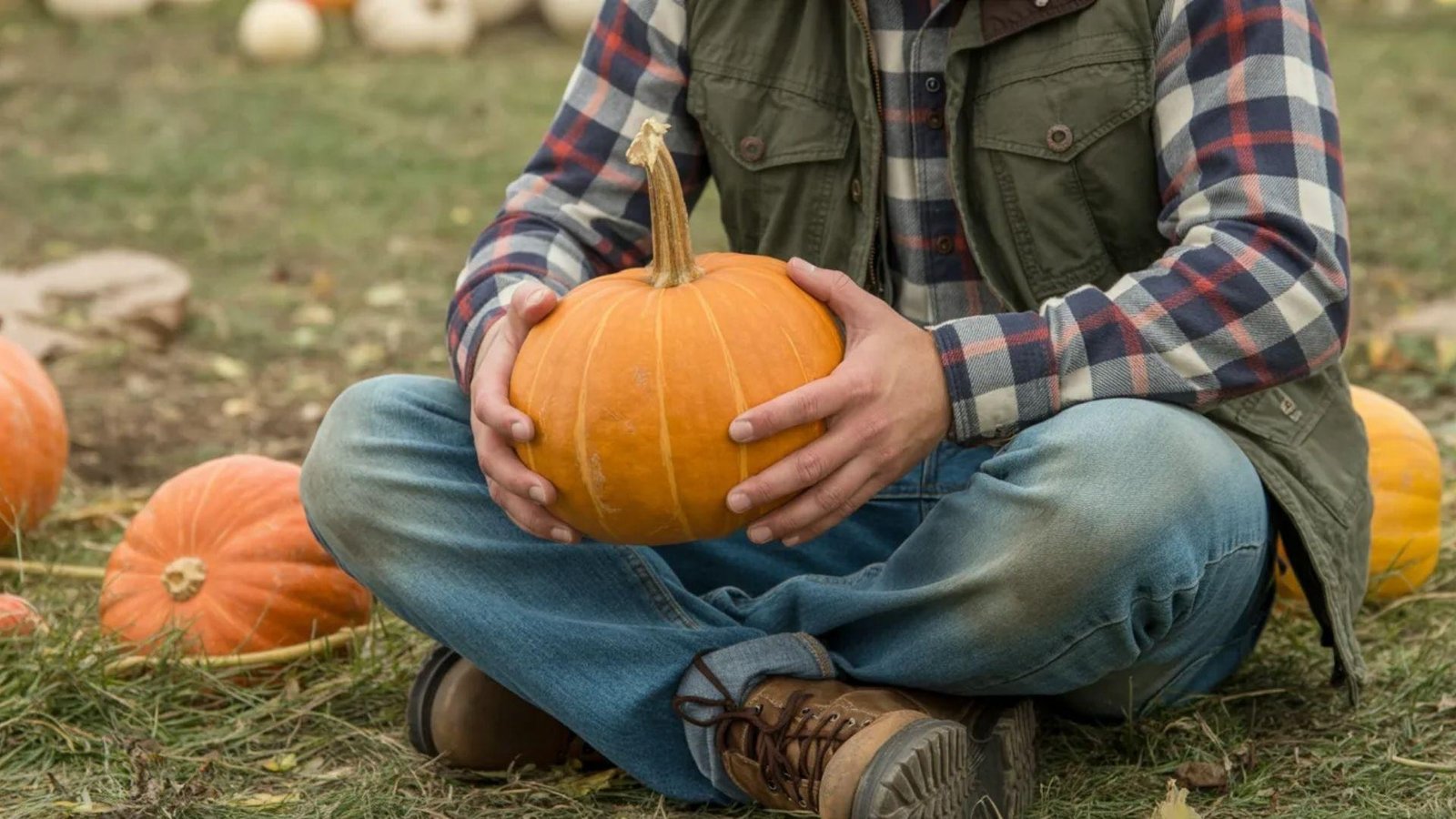  A man sitting on the ground, holding a large orange pumpkin in his lap, smiling at the camera.