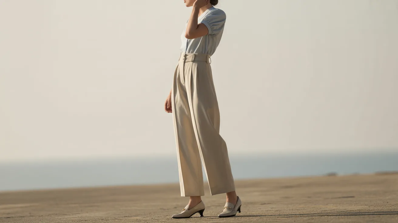 A woman in a blue shirt and wide pants stands on the beach, gazing at the ocean waves under a clear sky.