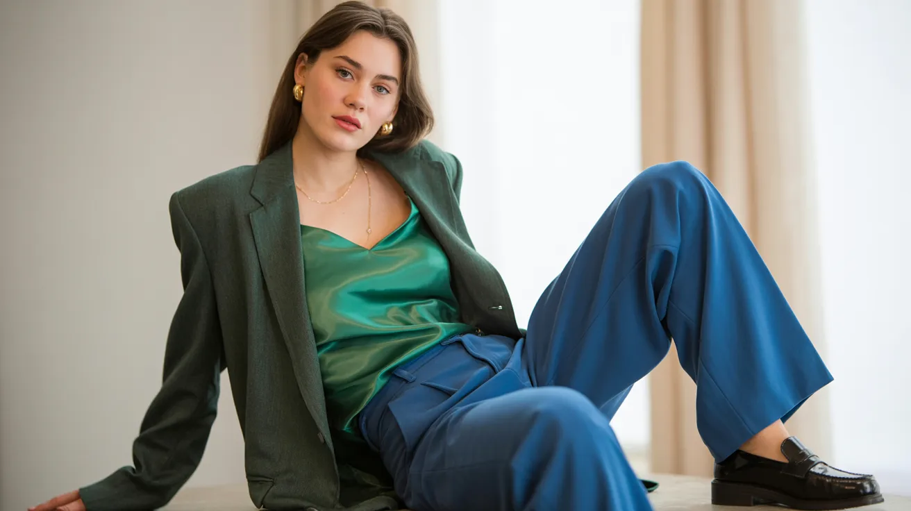 A woman wearing a green blazer and blue pants stands confidently, showcasing a professional appearance.
