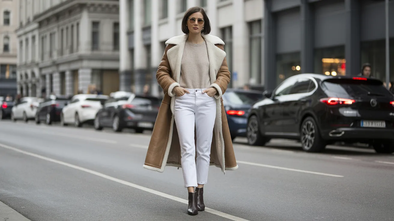 A woman in white jeans and a coat walks down the street, surrounded by urban scenery.