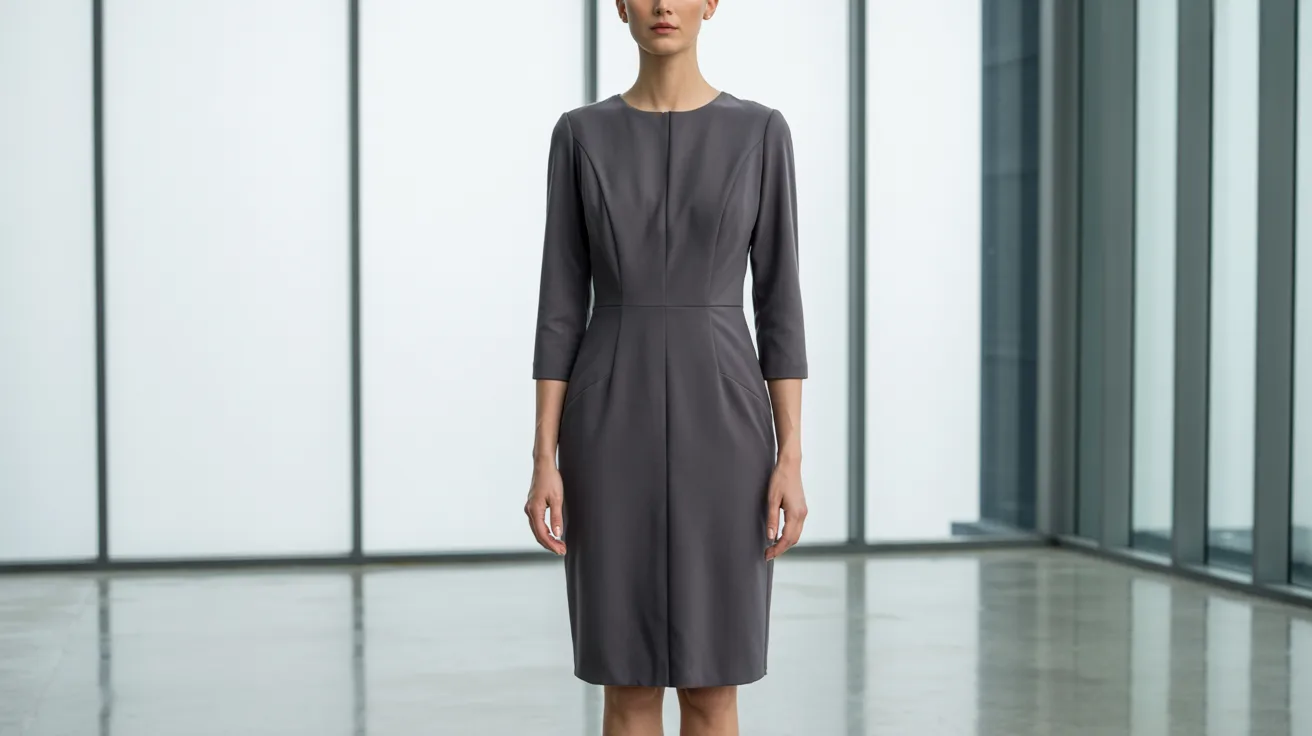 A woman in a grey dress stands alone in a spacious, empty room with plain walls and no furniture.