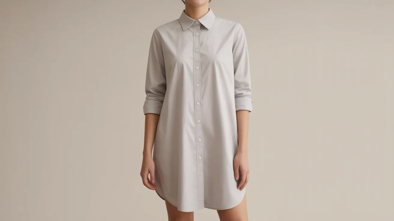 Lightweight cotton shirt dress, featuring a relaxed fit and casual style, perfect for warm weather outings.