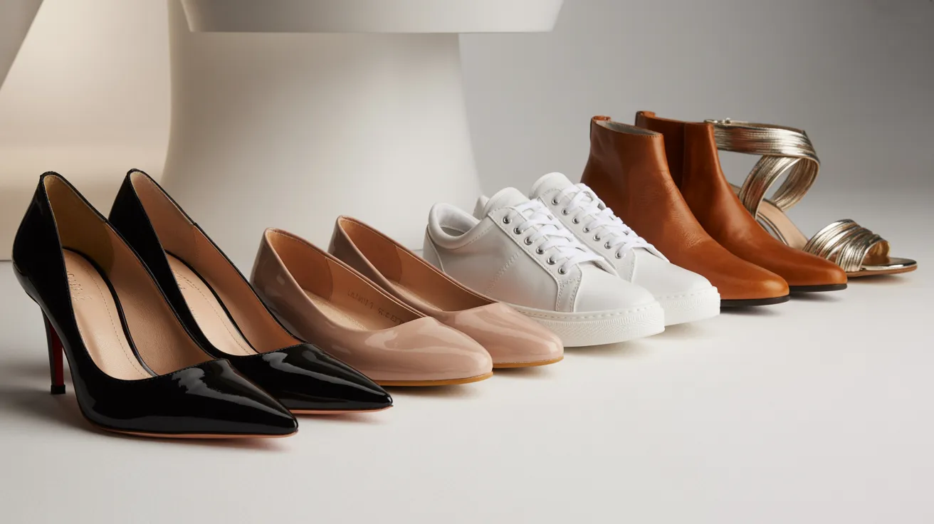 A selection of women's shoes in a variety of colors, arranged neatly in a row for viewing.