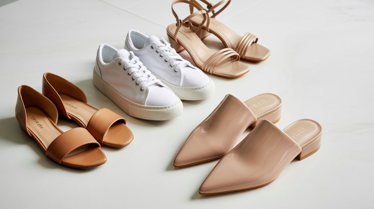 A collection of various shoes alongside a stylish pair of high heels on a neutral background.