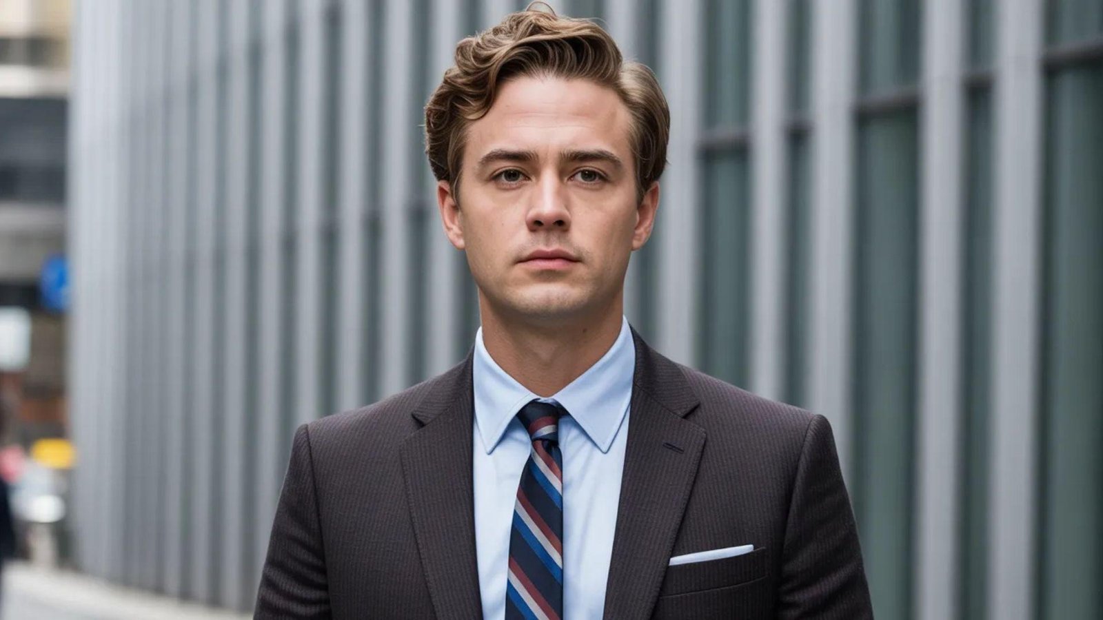 A man in a suit and tie stands confidently in front of a modern building, showcasing a professional appearance.