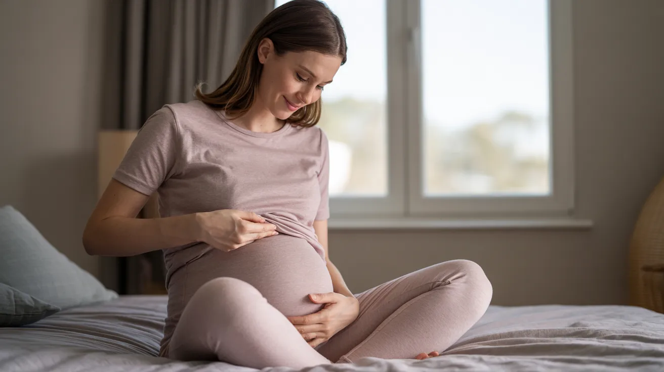 A pregnant woman in soft pink loungewear sits cross-legged on a bed, gently cradling her belly and smiling warmly in a sunlit room.