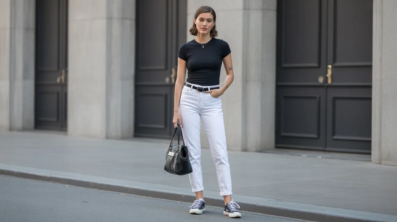 A woman wearing a black shirt and white jeans stands confidently on a city street.