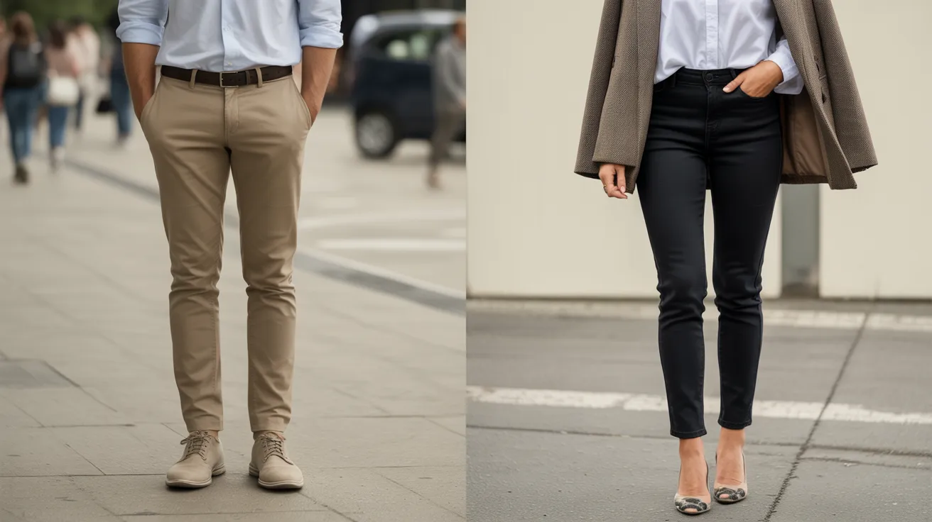 Two images of a man and woman dressed in contrasting outfits, showcasing their unique styles and fashion choices.
