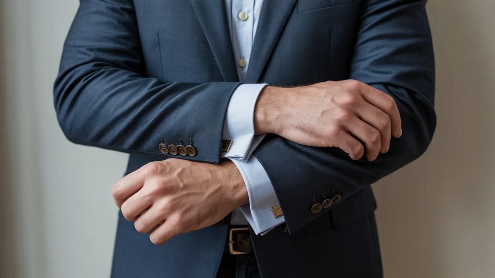 A close-up of a man in a suit adjusting his cuff, showcasing attention to detail in his formal attire.