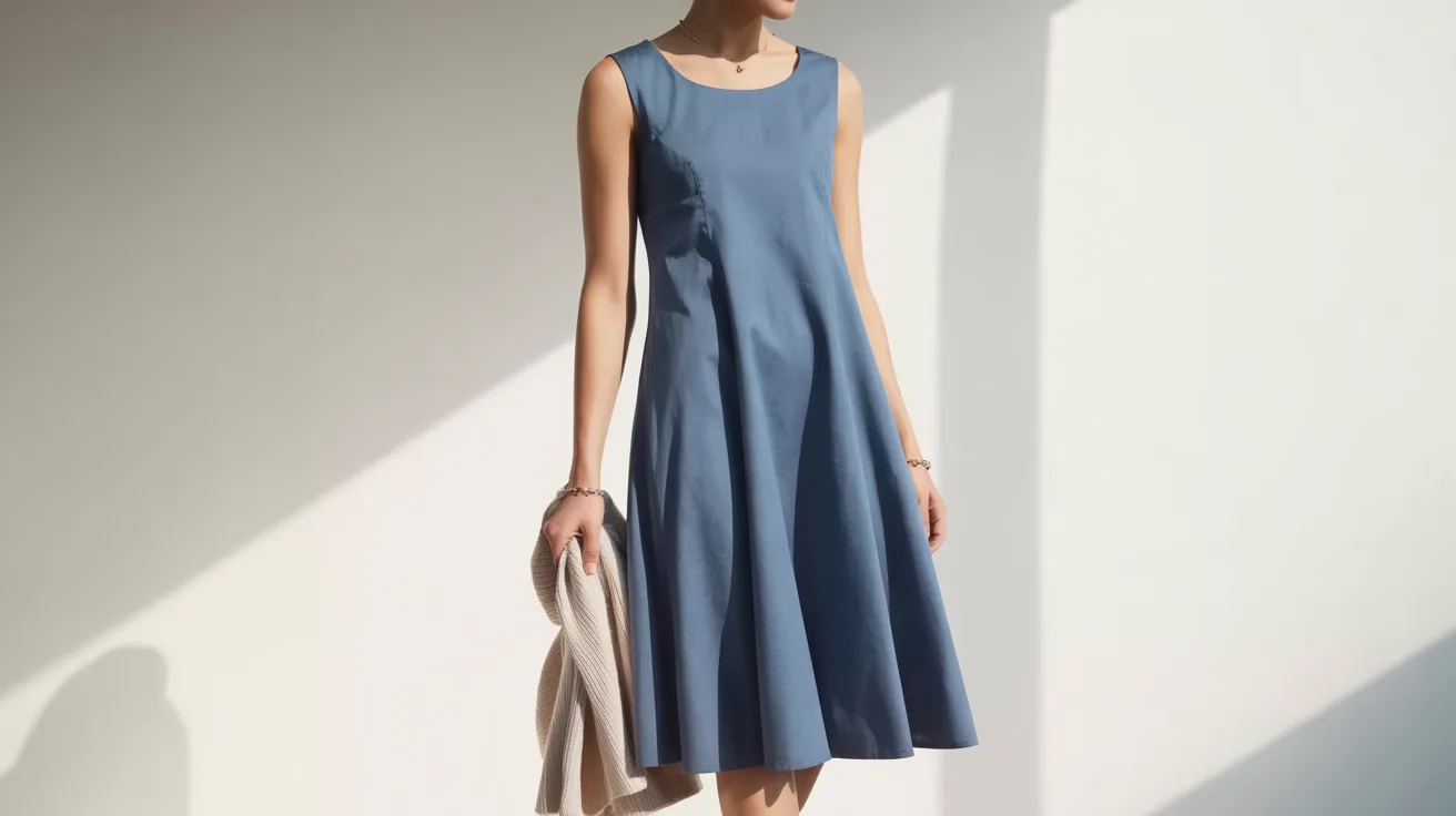 A woman wearing a blue dress and sandals stands confidently, showcasing her stylish summer outfit.