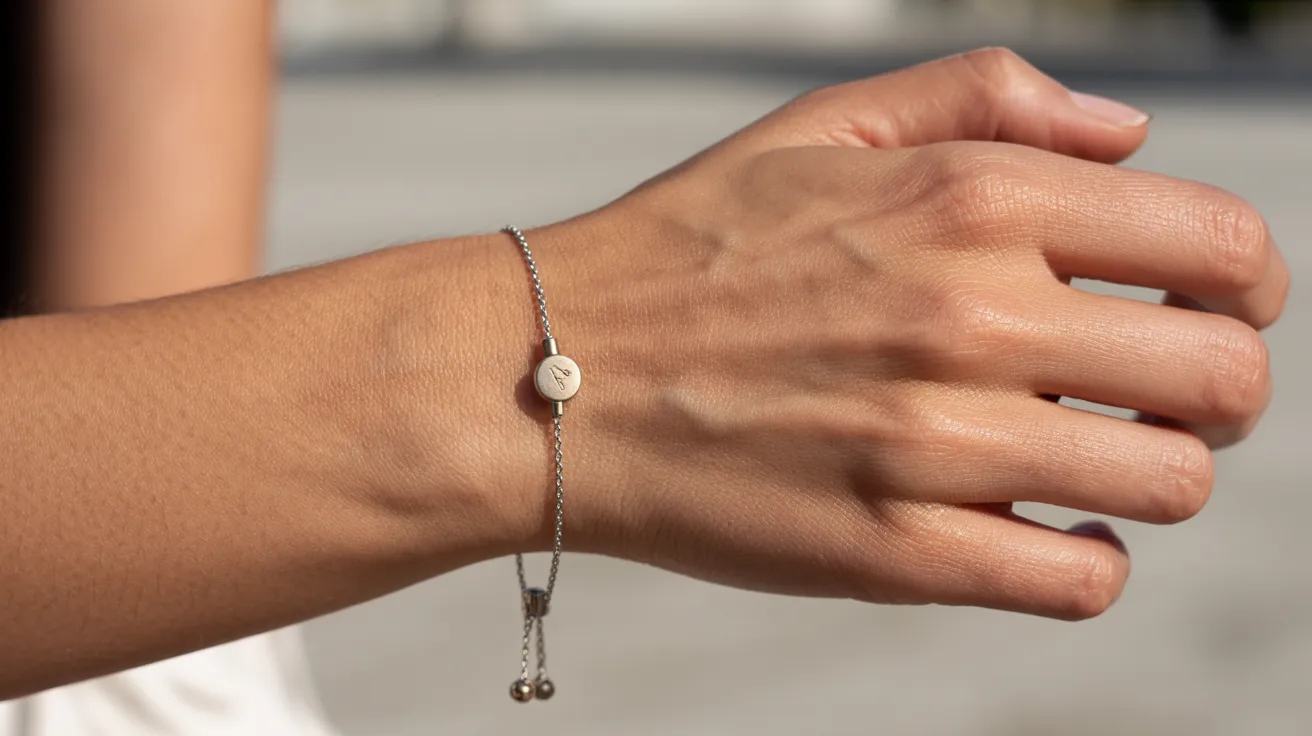 A woman's hand elegantly holds a silver bracelet, showcasing its intricate design and shine.