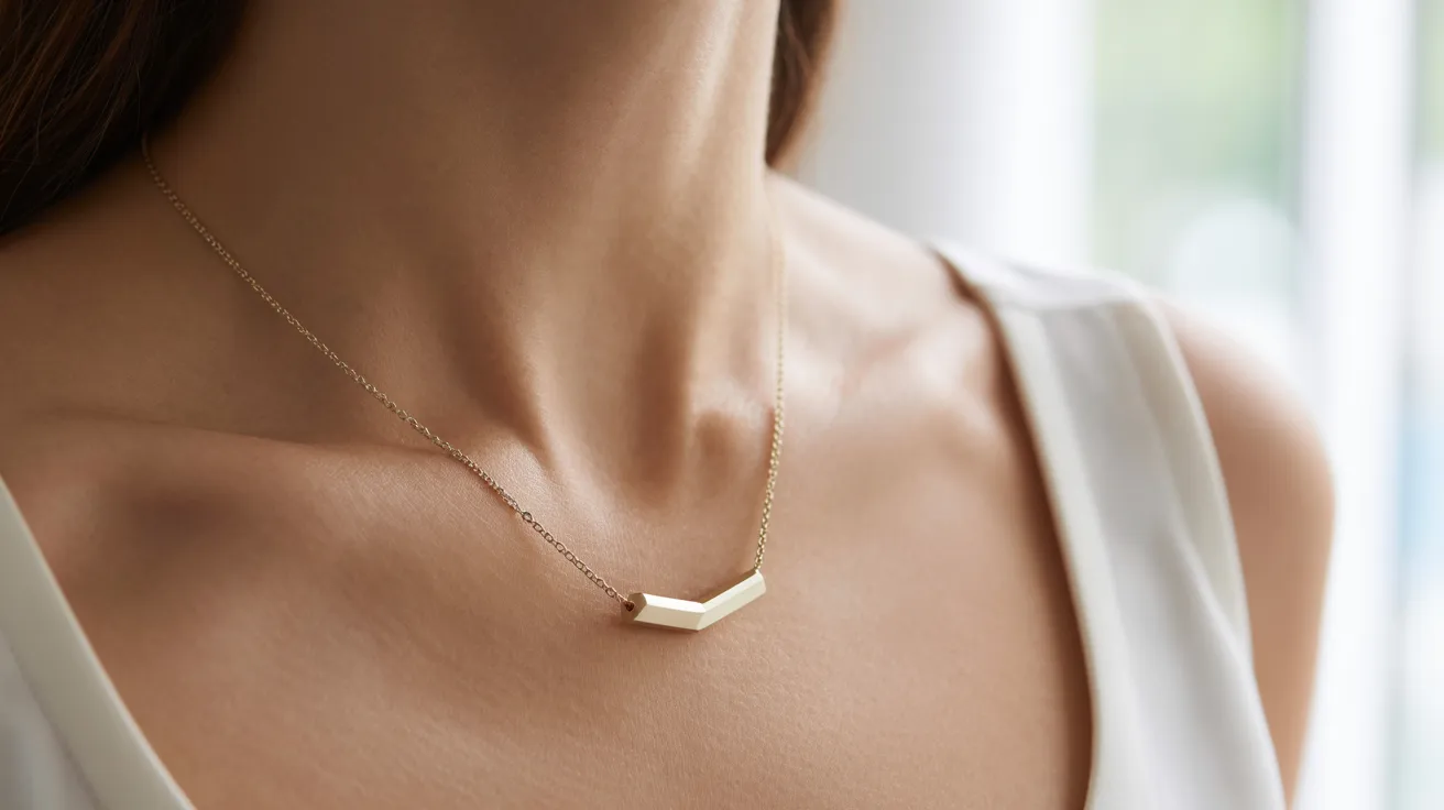 A close-up of a woman adorned with a gold necklace that has a small triangular charm.