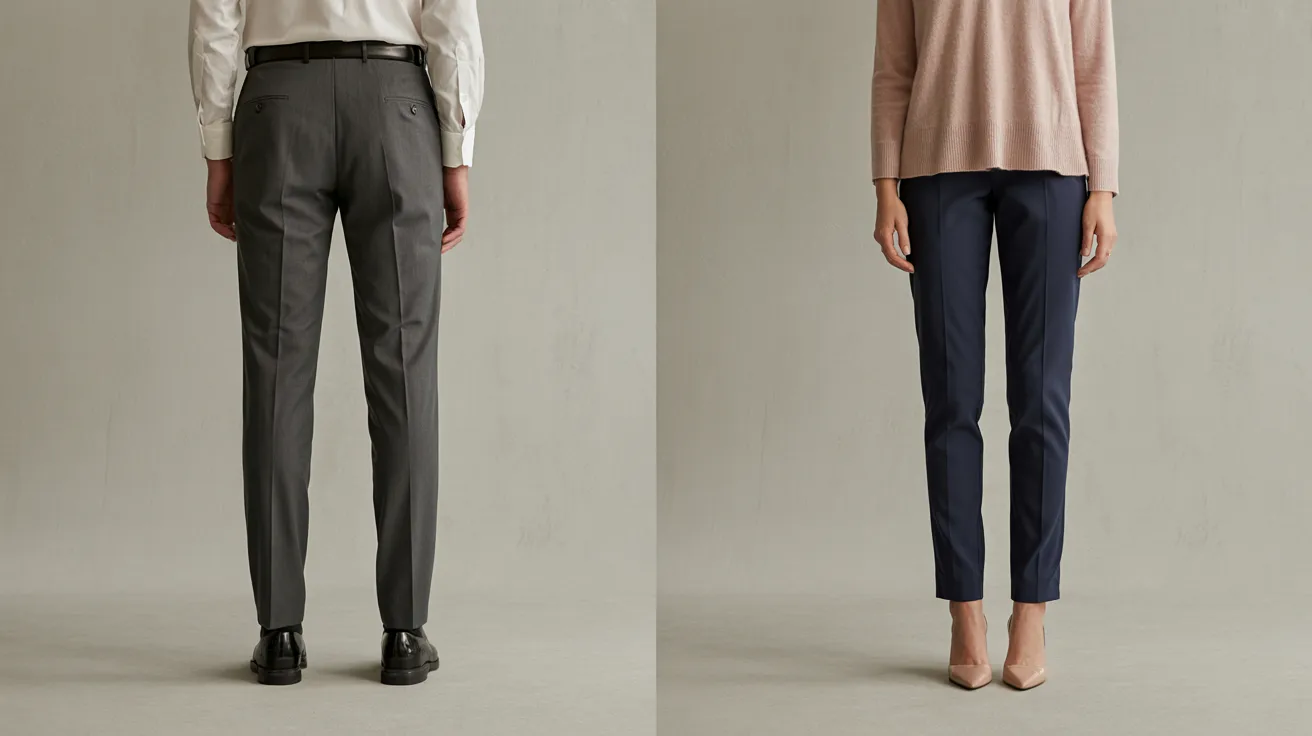  Two images of a man and woman dressed in casual pants, standing side by side in a neutral background.