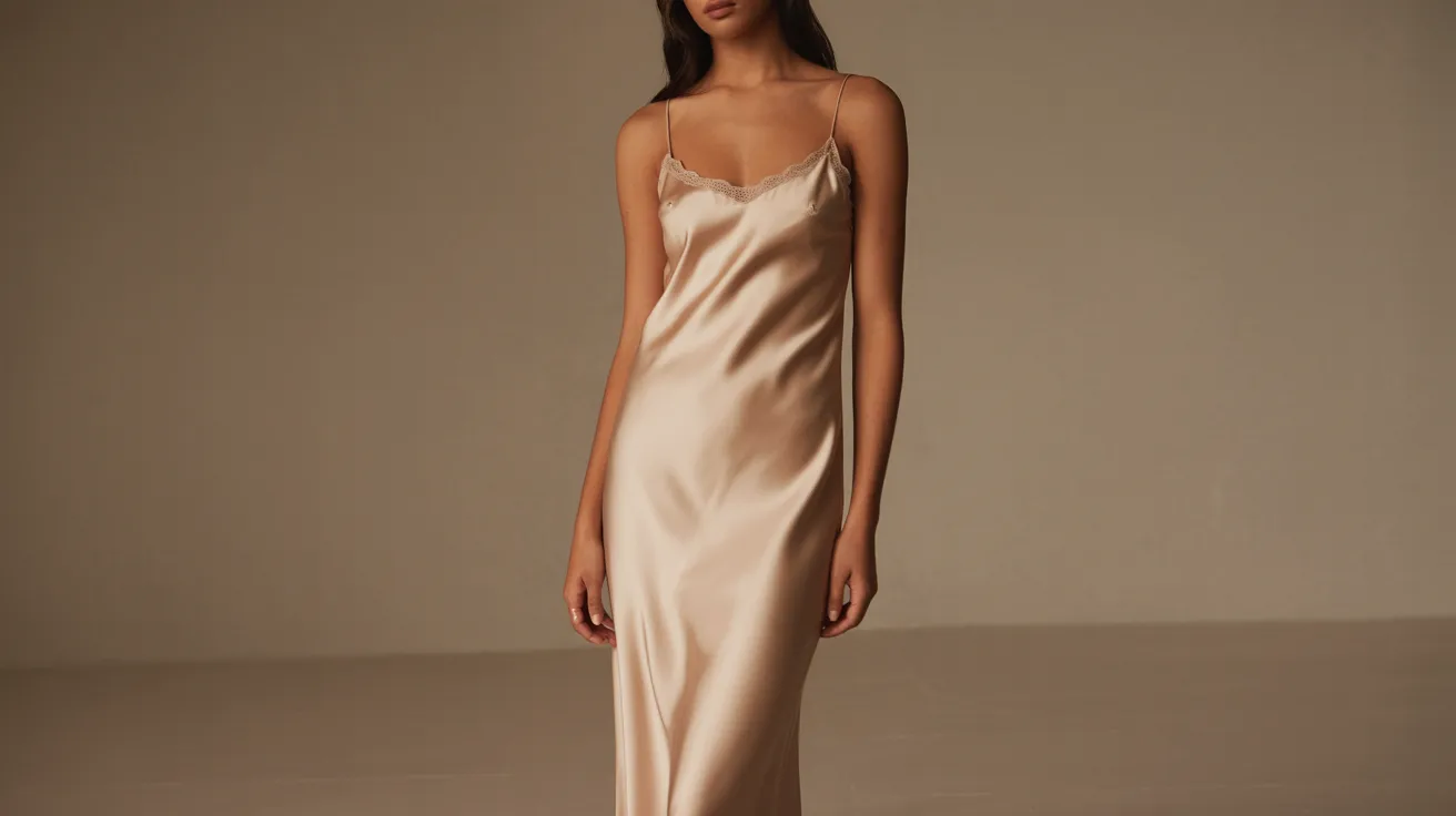 Silk slip dress in champagne color, featuring a sleek design and elegant drape, perfect for formal occasions.