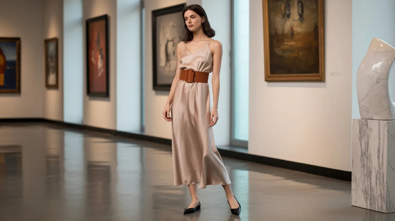 A woman in a dress stands in an art gallery, surrounded by various artworks displayed on the walls.